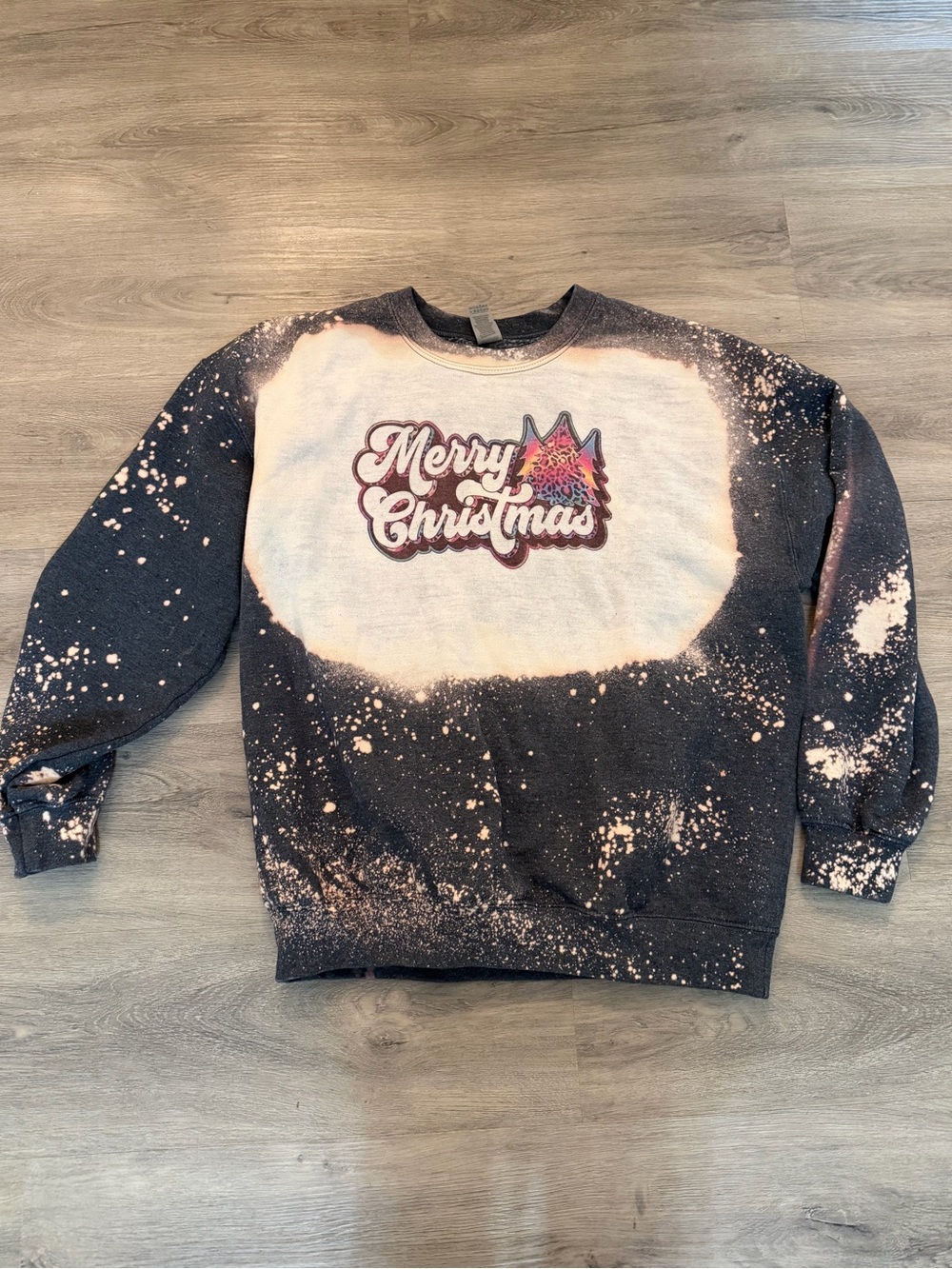 Gildan Black Bleached Crewneck with Merry Christmas Graphic